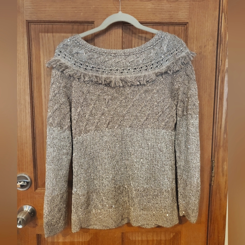 White House Black Market Fringe Sequin Metallic Colorblock Sweater Size M - Picture 6 of 8